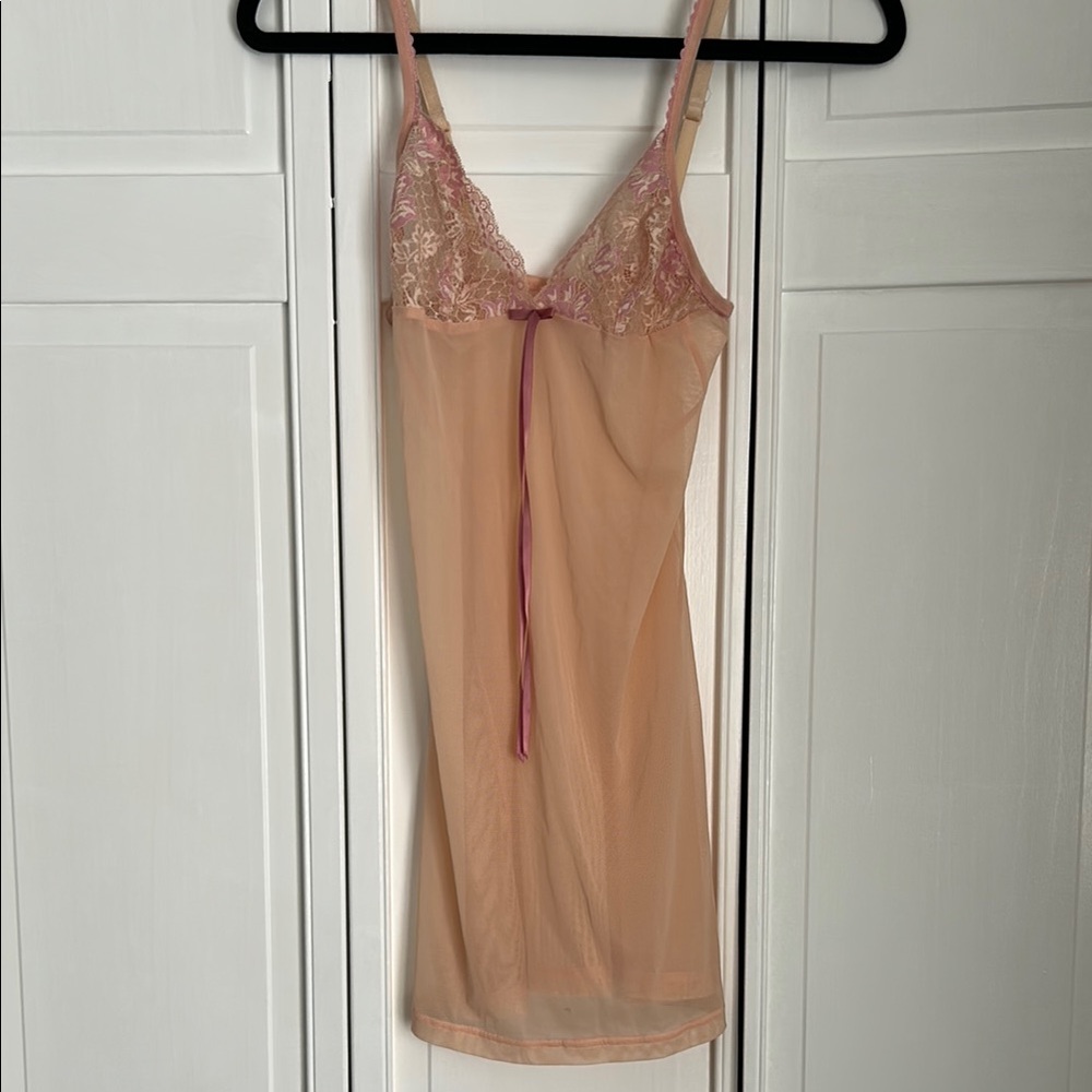 Cream and Pink Lace Chemise with Spaghetti Straps